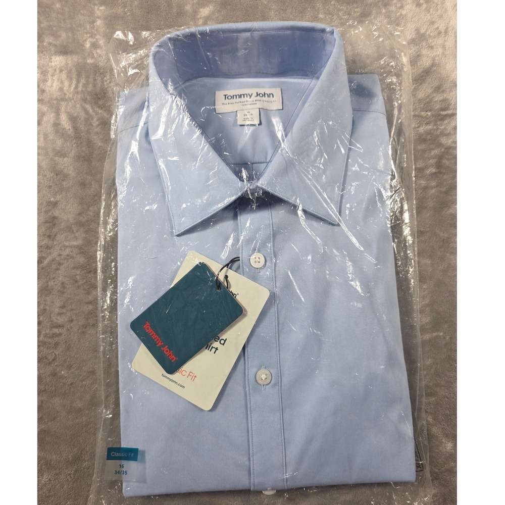 Tommy John Stay Tucked Classic Fit Dress Shirt Men 16 34/35 Blue Luxe Cotton NWT